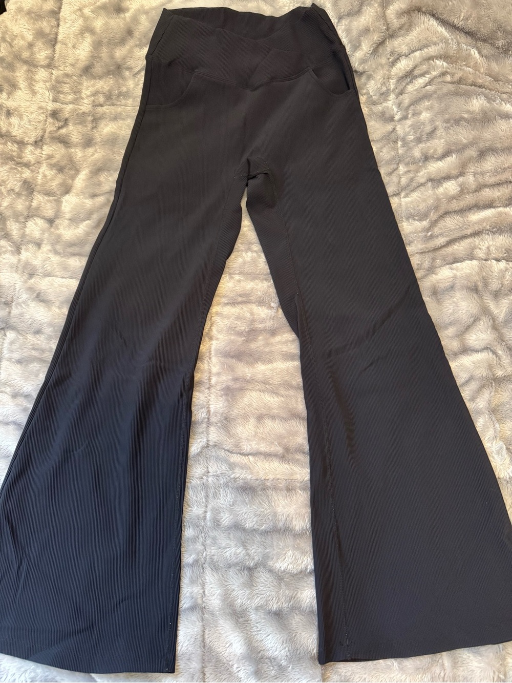 Black Flare Ribbed Leggings with Front Pockets